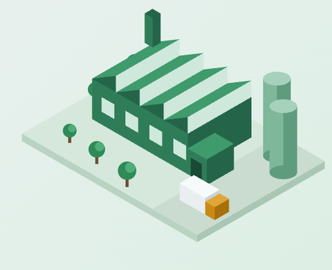 An isometric green factory with silos and a delivery truck